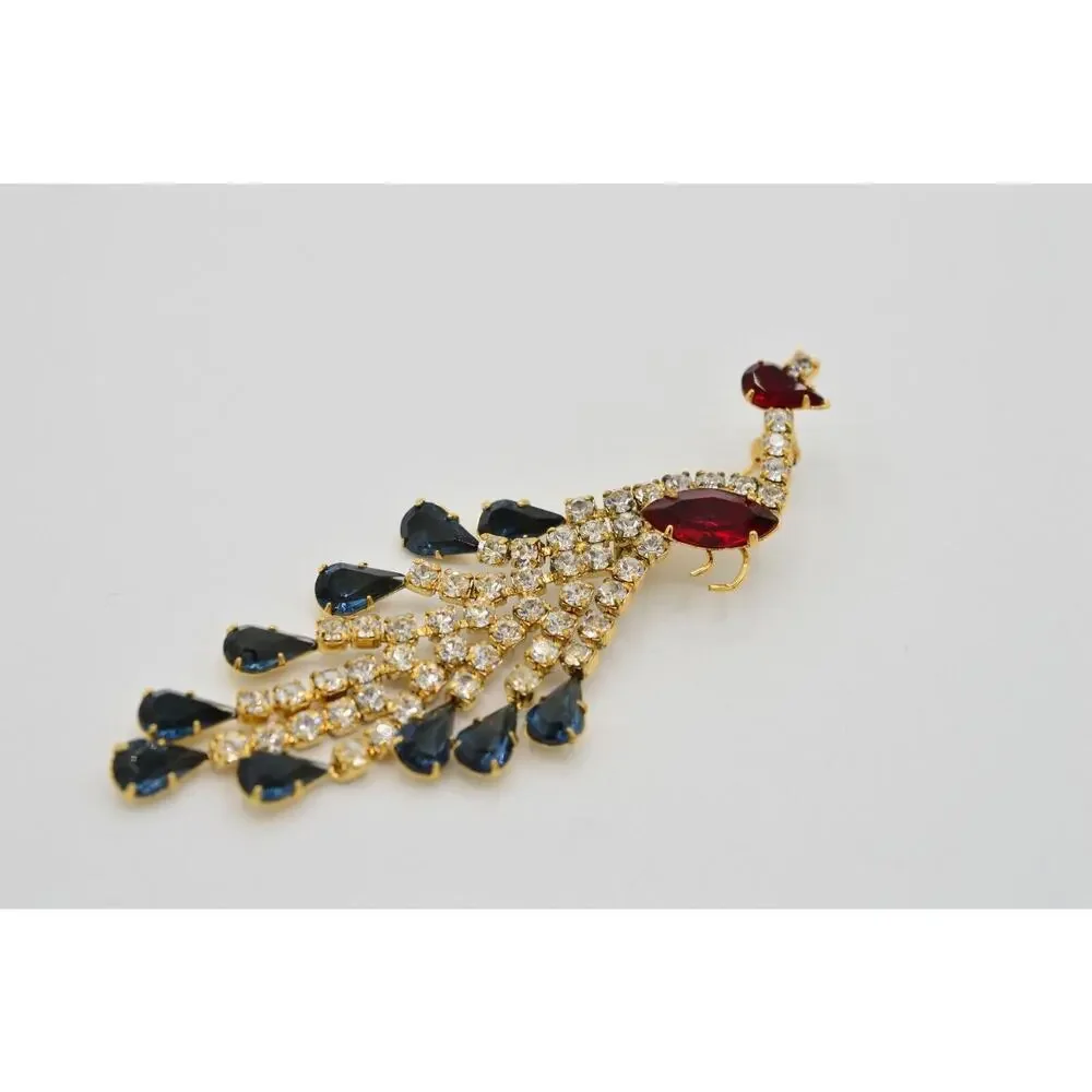 Vintage Crystal Peacock Pin Brooch Prong Blue Pink Rhinestone Gold NOS 1980s 9B